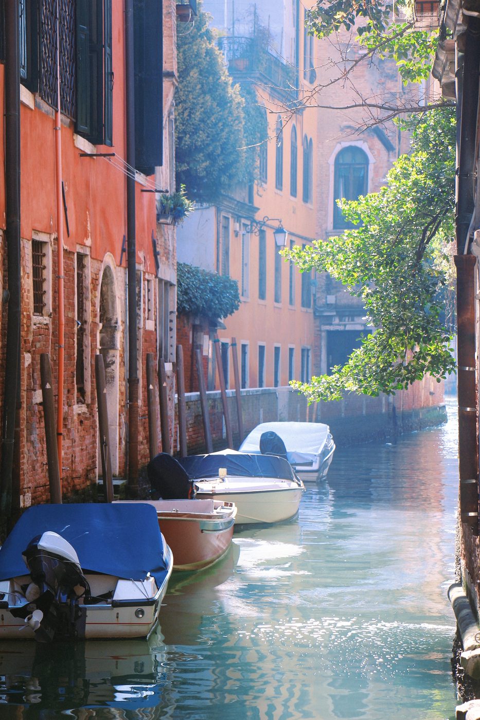 Boats moored along a narrow canal between red walls and green leaves